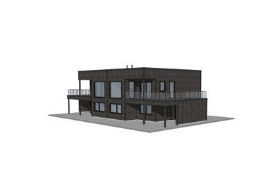 3D-visualisering av en moderne, fleretasjers bolig eller næringsbygg med balkonger og store vinduer.