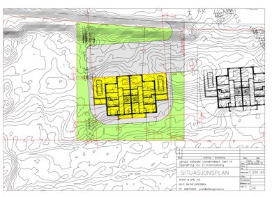 Situasjonsplan som viser tomtens terrengform (konturlinjer), bygningers plassering, og områder for beplantning eller utforming.