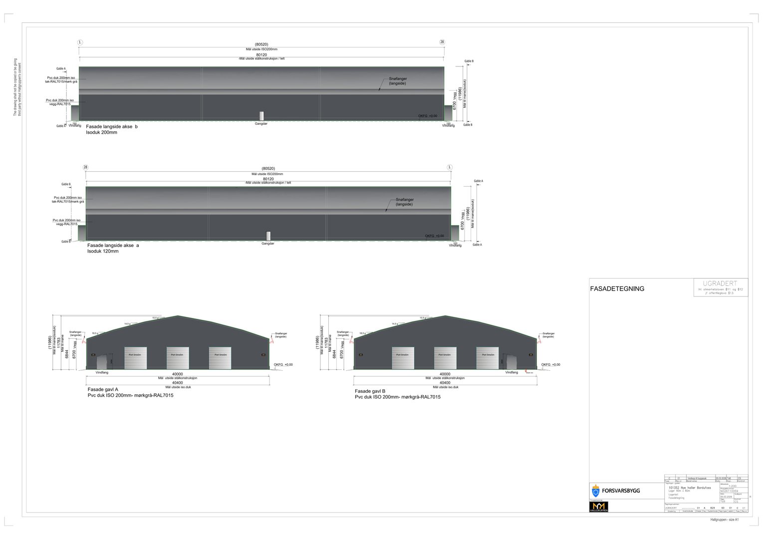 Fasadetegning som viser oppriss av bygningens fasader (A og B) med detaljer om materialer, mål og konstruksjon.