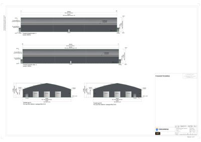 Fasadetegning som viser oppriss av bygningens fasader (A og B) med detaljer om materialer, mål og konstruksjon.