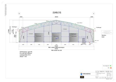Snittegning (Section) av en bygning, som viser tverrsnittet gjennom takkonstruksjonen, vindusoppsett og mål på utvendig stålkonstruksjon.
