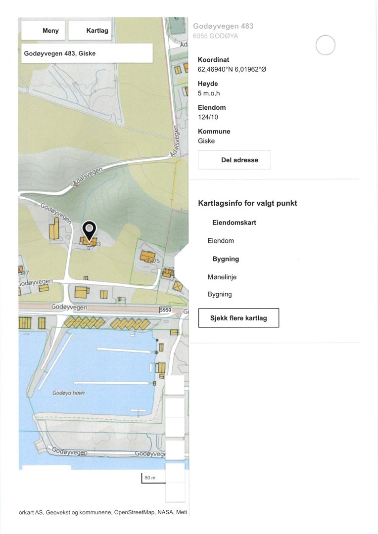 Kartutsnitt over eiendommen Godeyvegen 483 i Giske med adresseinfo og eiendomskart.