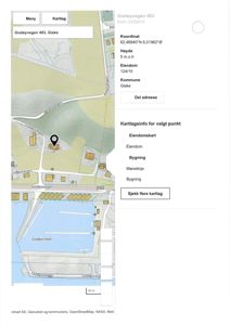 Kartutsnitt over eiendommen Godeyvegen 483 i Giske med adresseinfo og eiendomskart.