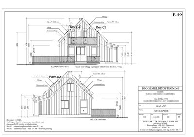 Fasadetegning som viser oppriss av bygningen sett fra vest og øst, inkludert mål og detaljer om takkonstruksjon.