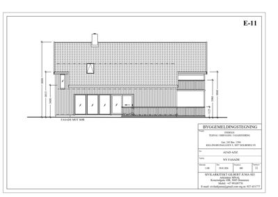 Fasadetegning av en bygning sett fra sør (FASADE MOT SØR) med mål og detaljer.