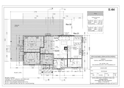 Etasjeplan (PLAN 1. ETG) med romfordeling, dimensjoner og arealoppsummering.