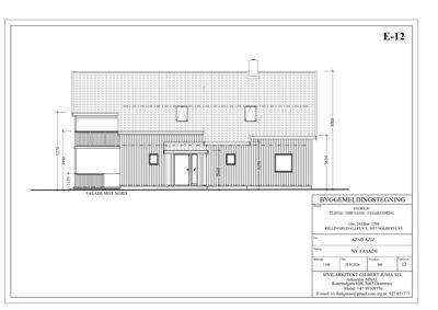 Fasadetegning av en bygning sett fra nord, med mål og detaljer.