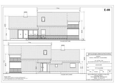 Fasadetegning som viser bygningens utseende sett fra nord og sør, med mål og detaljer.