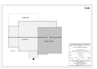 Etasjeplan (Tilbygg) som viser romfordeling og plassering av eksisterende bolig i forhold til nytt tilbygg.
