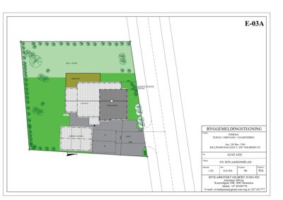 Situasjonsplan som viser tomtens form, beplantning, eksisterende og planlagt bygning, samt tilstøtende veier og grenser.