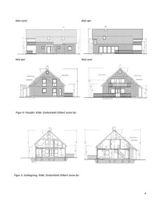 Bildet viser en tegning med fasadeopprikk (mot nord, sør, øst og vest) samt en snittegning av en bygning.