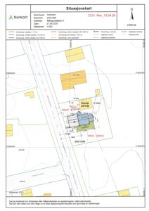 Situasjonskart som viser eiendomsforhold, naboeiendommer og bygningens plassering i forhold til veier og grunneiergrenser.