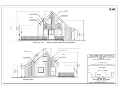 Byggemeldingstegning som viser fasadeopprikk for vest- og østsiden av en bygning.