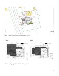Bildet viser en side fra en byggesak som inneholder en situasjonsplan (Figur 2) og to etasjeplaner (Figur 3, Plan 1 og Plan 2).
