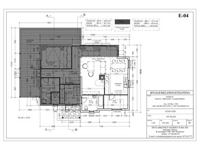 Etasjeplan (PLAN 1. ETG) med romfordeling, mål og arealoppsummering for en byggesak.