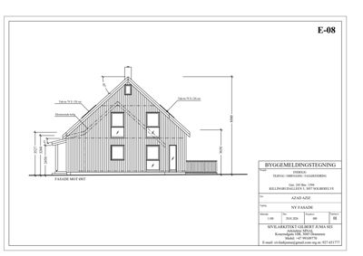 Fasadetegning som viser bygningens utseende sett fra øst, med mål og detaljer.