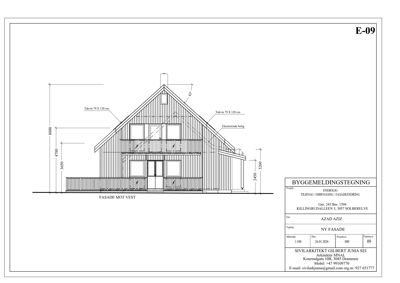 Fasadetegning av en bygning sett fra vest med mål og detaljer.