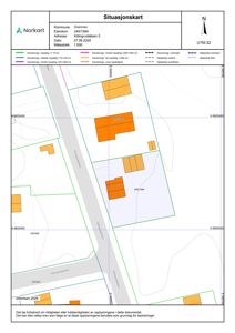 Situasjonskart som viser eiendomsnummer, adresse, nabolag og bygningsplassering i forhold til veier.