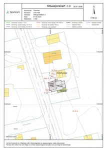 Situasjonskart som viser eiendomsgrenser, eksisterende bygning (Eksis. Bolig) og planlagt tilbygg på tomtegrunn i Drammen.