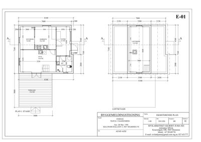 Byggemeldingstegning som viser etasjeplaner (PLAN 1. ETASJE og LOFTSETASJE) med romfordeling, mål og utforming.