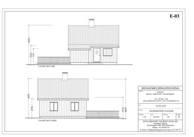 Fasadetegning som viser bygningens utseende sett fra nord og sør med mål.