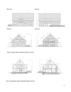 Bildet viser en tegning med fire fasader (mot nord, sør, øst og vest) samt to snittegninger av et hus.