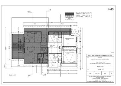 Etasjeplan (PLAN 2. ETG) som viser romfordeling, mål og bruksareal for et hus.