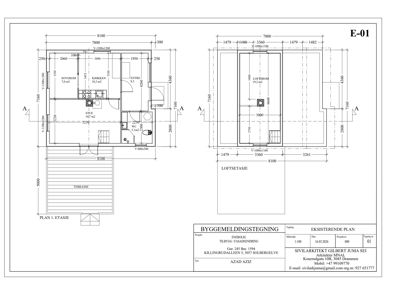 Etasjeplan (PLAN 1. ETASJE) og snitt/oppriks av en eksisterende bygning med mål og romfordeling.