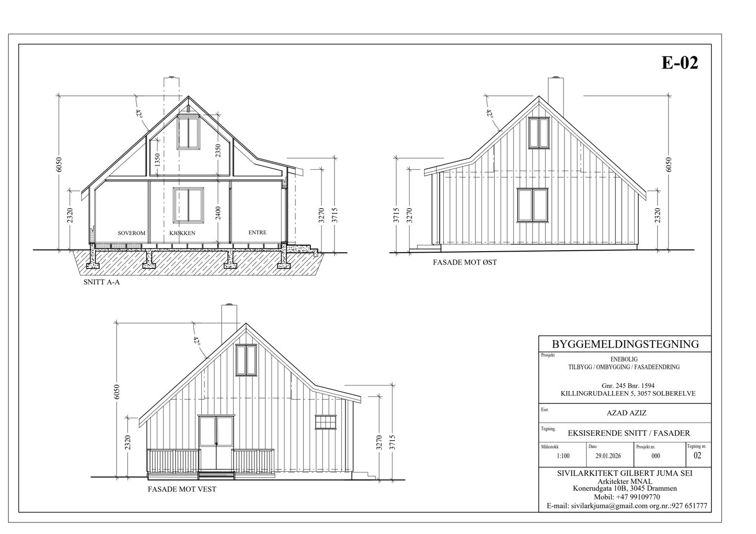 Bildet viser en tegning med fasadeoppvisninger (mot vest, øst) og et snitt (A-A) av en bygning.