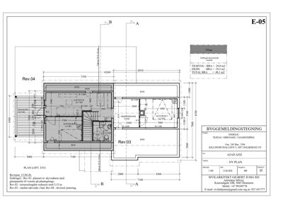 Plantegning av etasjen (PLAN LOFT, ETG) med romfordeling, dimensjoner og endringsnotater.