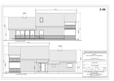 Fasadetegning som viser bygningens utseende sett fra nord og sør, med mål og detaljer.