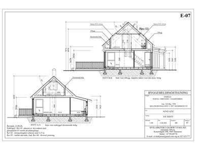Byggemeldingstegning som viser to snittegninger (SNITT A-A og SNITT B-B) av en bolig. Tegningene illustrerer tverrsnittet gjennom huset, inkludert romfordeling (stue, bad, soverom, loft), konstruksjon (tak, vegger, fundament) og høydemål.