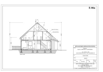 Snittegning (Snitt B-B) som viser bygningens tverrsnitt, høyder, konstruksjon og romoppdeling.