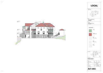 Fasadetegning (opprikk) av en bolig med materialebeskrivelse og detaljer.