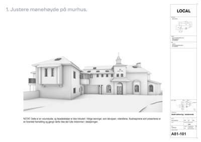 3D-visualisering (rendering) av en bygning sett fra utsiden, med tilhørende tegningshode og notat om at det er et volumstudie.