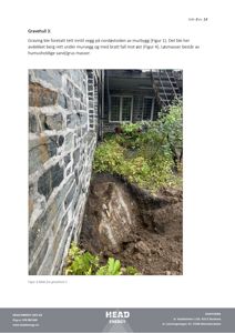 Fotografi av en gravhull-graving ved en murvegg, med tekstbeskrivelse og logo.