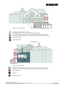 Fasadetegning av en bygning med fargekoding for ulike byggeperioder og arkitektoniske detaljer.
