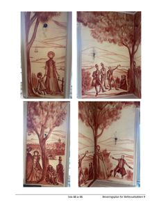 Fotografier av historiske malerier eller fresker på vegger i en bygning.