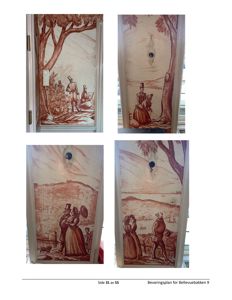 Fotografier av fire dører med historiske, bruntonede malerier (fresker) på dem.