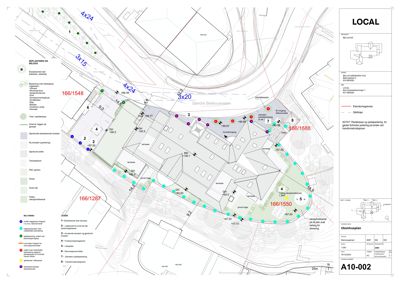 Situasjonsplan (tomtekart) som viser tomtens grenser, eksisterende og planlagt beplantning, samt plassering av bygninger i forhold til nabolaget.