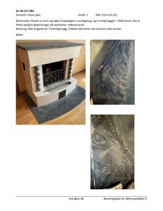 Fotografier av en murpeis med detaljer på dekorasjonene.