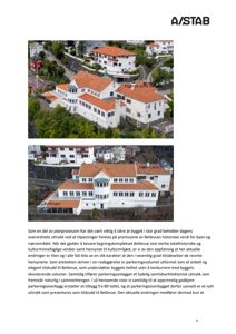 Fotografier av bygningen Bellevue sett fra ulike vinkler, med annotasjoner om endringer i tak og mønt.