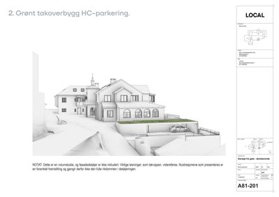 3D-volumstudie som viser et grønt takoverbygg med parkeringsplass under en eksisterende bygning.
