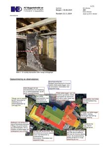 Fotografi av en utryddig bæresystem i et bygg etter mange ombygginger, med tilhørende oppsummering av observasjoner og tegning.