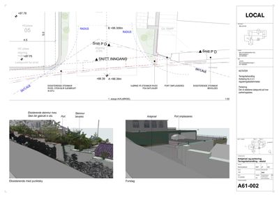 Snittegning (Snitt P-D) som viser terrengform, eksisterende og nye steinmur, samt forslag til avkjørsel og parkering.