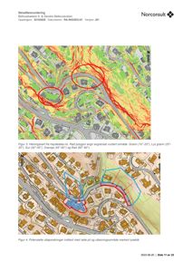 Helningsskart og situasjonsplan som viser skredfarevurdering for et område med bygninger.