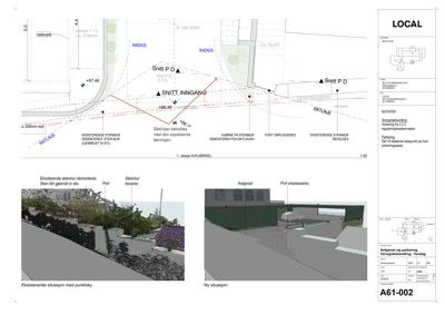Situasjonsplan som viser eksisterende og planlagt situasjon, inkludert terrengbehandling, parkering, siktlinjer og bygningsplassering.