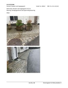 Fotografier av brostein ved inngangsparti til en bygning, inkludert to planter i kasser.