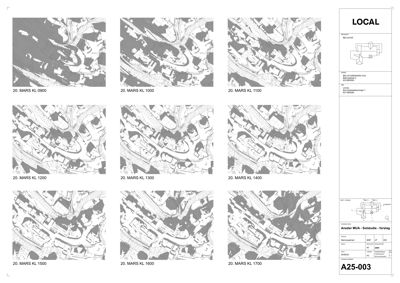 Et ark med flere situasjonskart (MARS KL) som viser bygningers plassering i et nabolag.