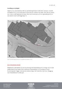 Kart over innmålt murhøyde og forurenset grunn med punktmarkeringer og konturlinjer